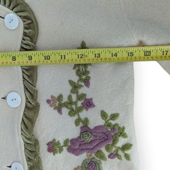 Tally-Ho Cream Wool Ruffle Cardigan with floral embroidery - Picture 9 of 11